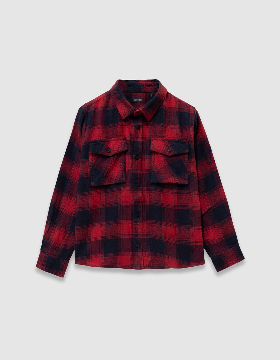 camisa de cuadros azul marino y rojo para niño con capucha desmontable