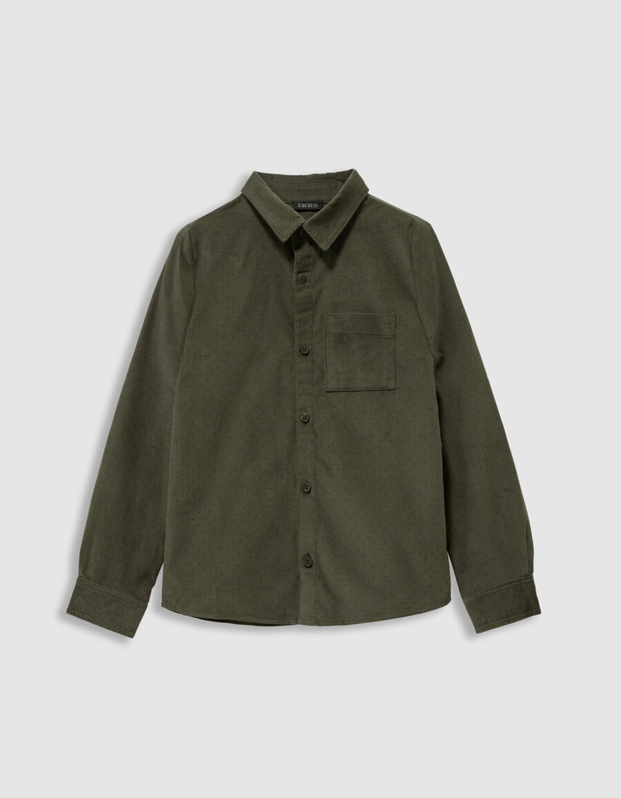 camisa de manga larga de terciopelo caqui para niño con lunares