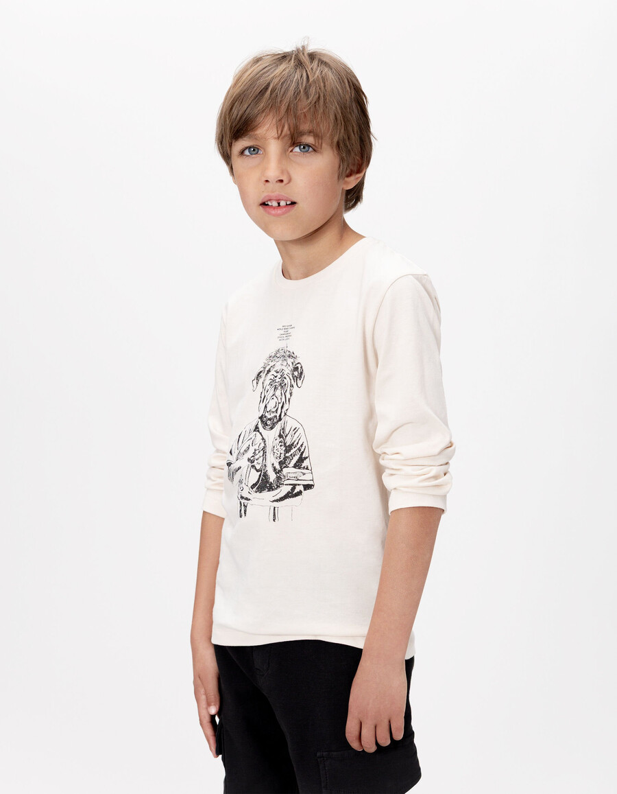 camiseta blanca de algodón orgánico para niño con imagen de perro