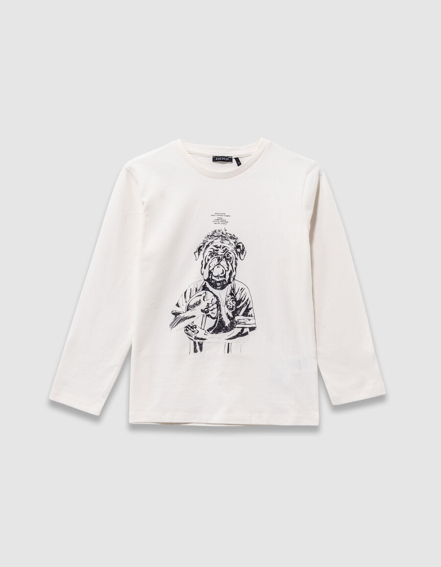 camiseta blanca de algodón orgánico para niño con imagen de perro