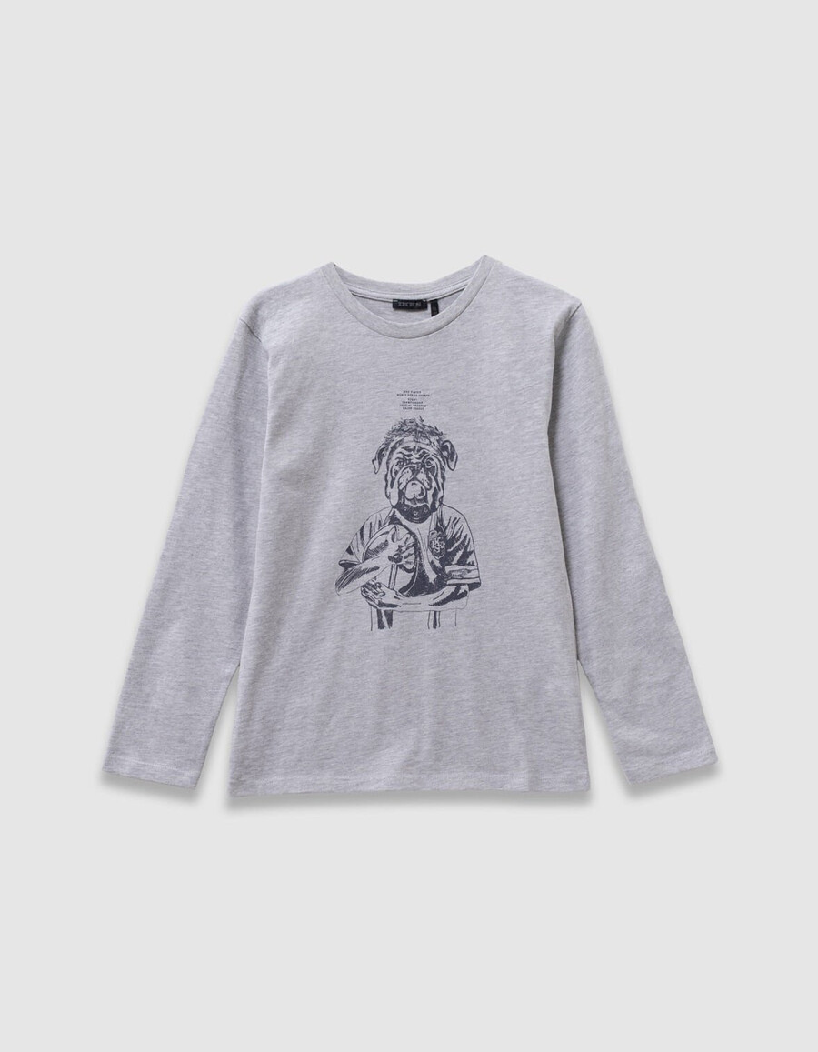 camiseta gris de algodón orgánico para niño con imagen de perro