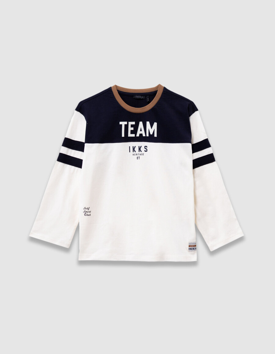 camiseta de algodón orgánico azul marino y blanca para niño cuello camel