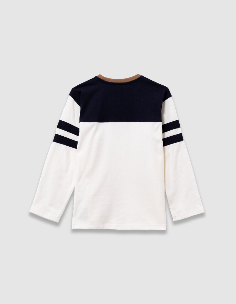 camiseta de algodón orgánico azul marino y blanca para niño cuello camel