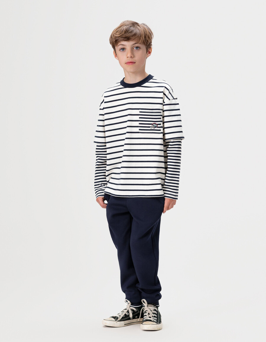 camiseta marinera de algodón orgánico para niño mangas con efecto trampantojo