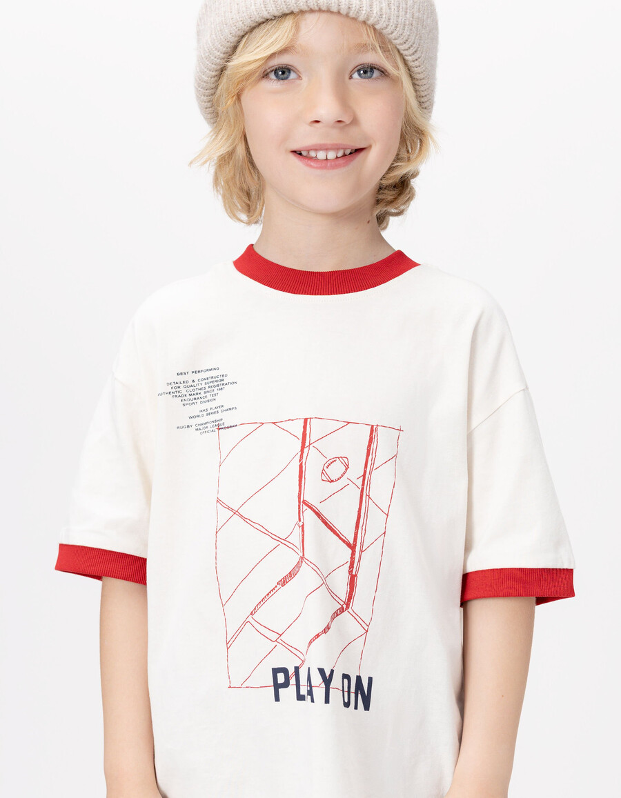 camiseta blanca de algodón orgánico para niño con ribete rojo