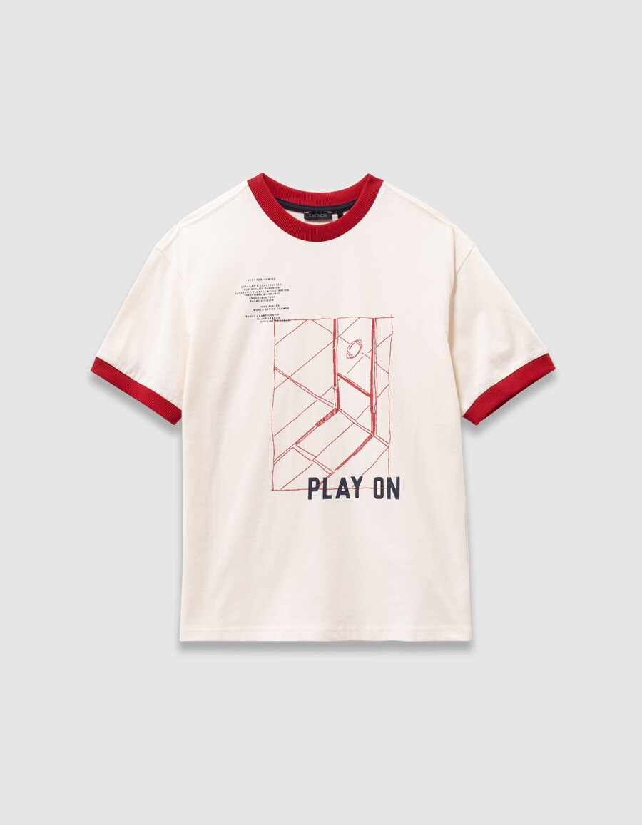 camiseta blanca de algodón orgánico para niño con ribete rojo