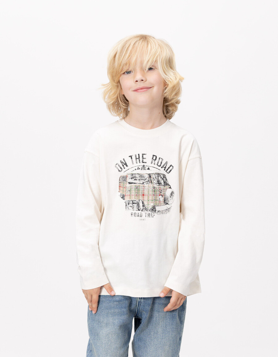 camiseta blanca de algodón orgánico para niño con imagen de furgoneta estampada