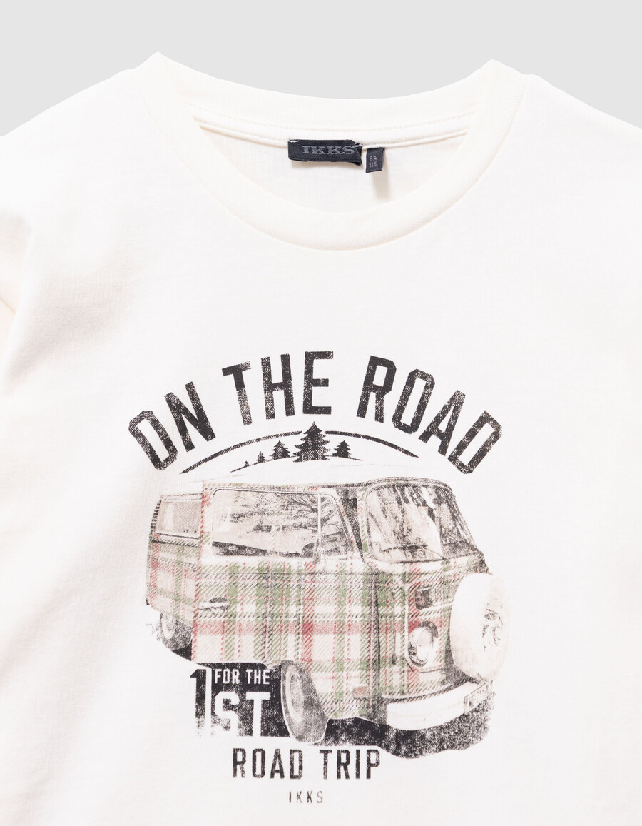 camiseta blanca de algodón orgánico para niño con imagen de furgoneta estampada