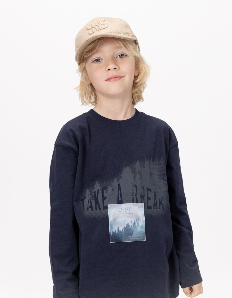 camiseta de algodón orgánico azul marino para niño imagen lenticular