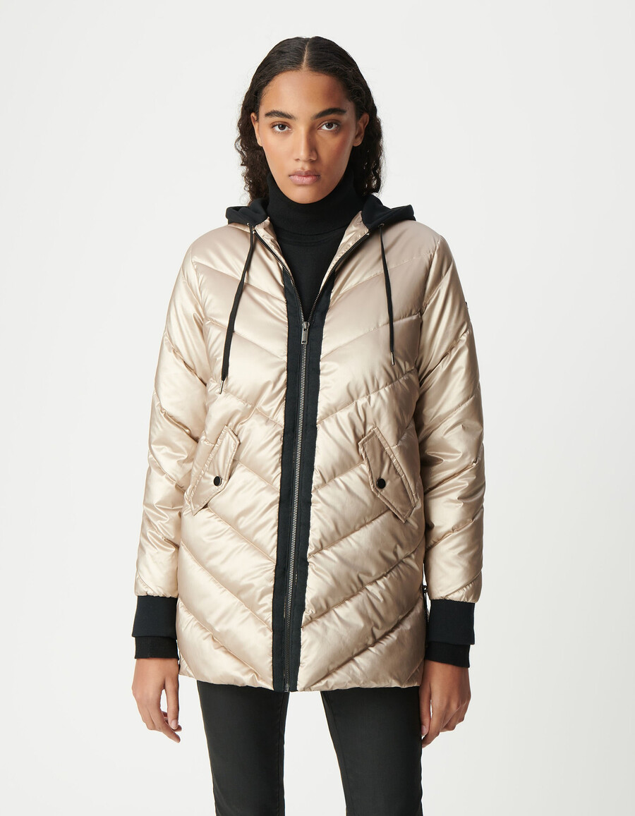 chaqueta acolchada dorada para mujer con capucha de forro polar negro