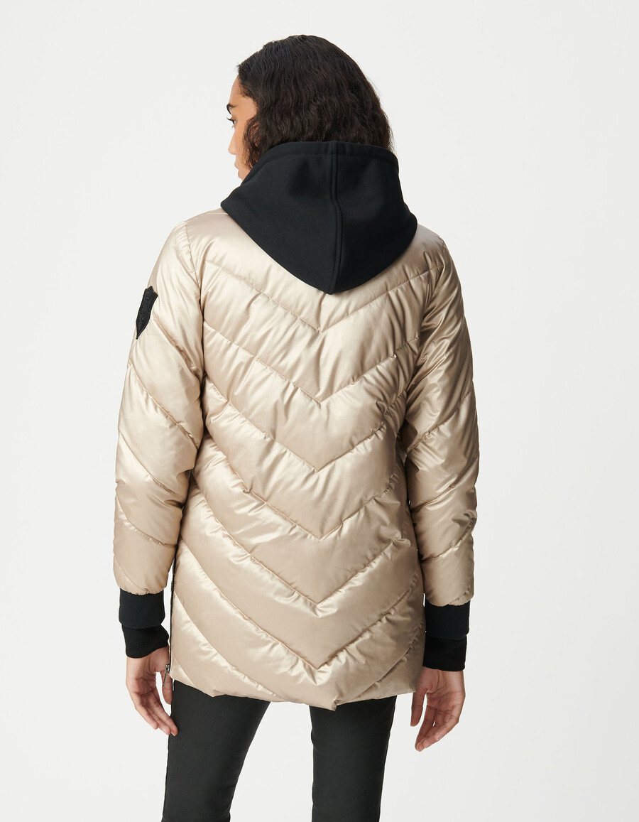 chaqueta acolchada dorada para mujer con capucha de forro polar negro