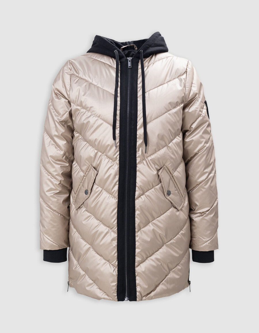 chaqueta acolchada dorada para mujer con capucha de forro polar negro