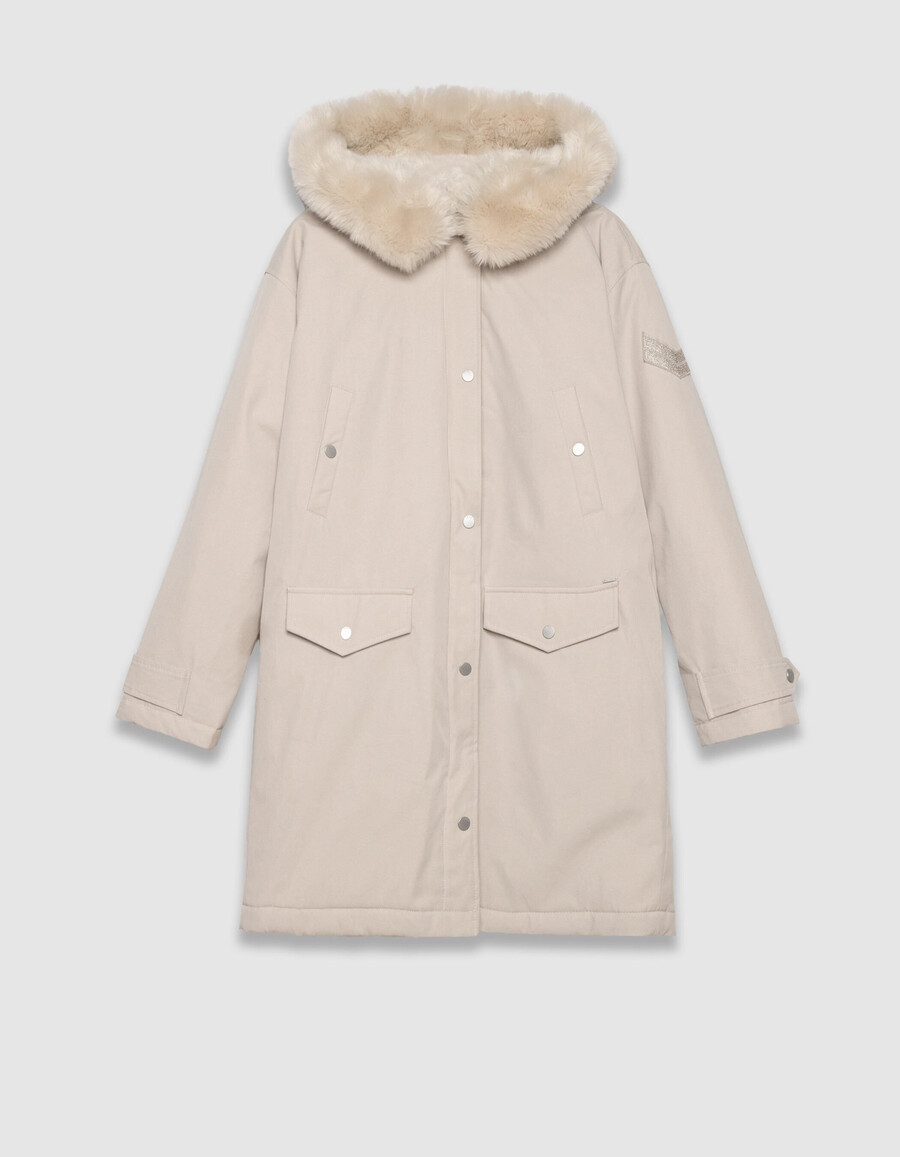 parka beige extragrande para mujer con capucha forrada de piel