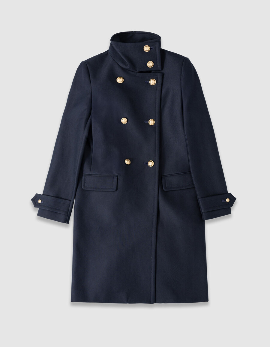 abrigo azul marino para mujer con botones grabados