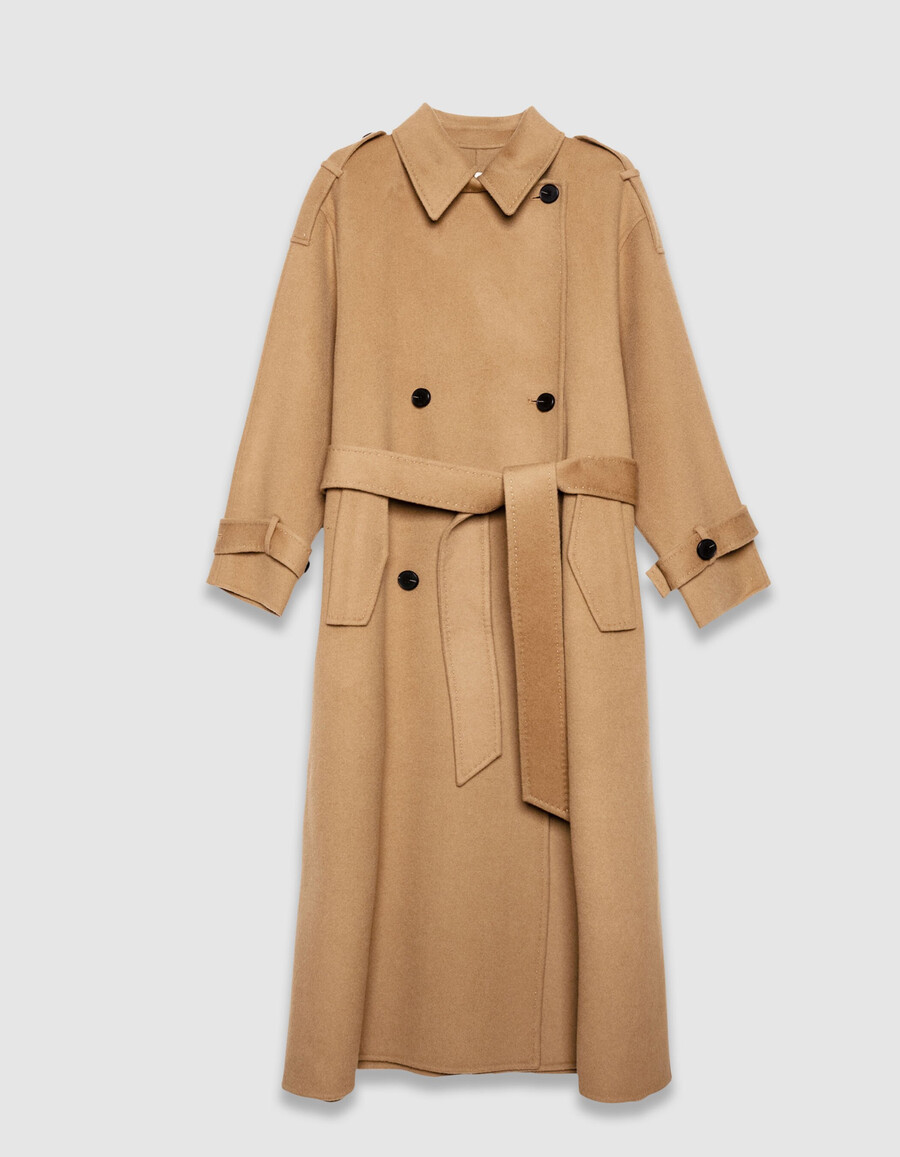 abrigo largo estilo gabardina de lana color camello para mujer