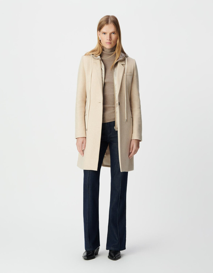 abrigo beige para mujer con capucha desmontable