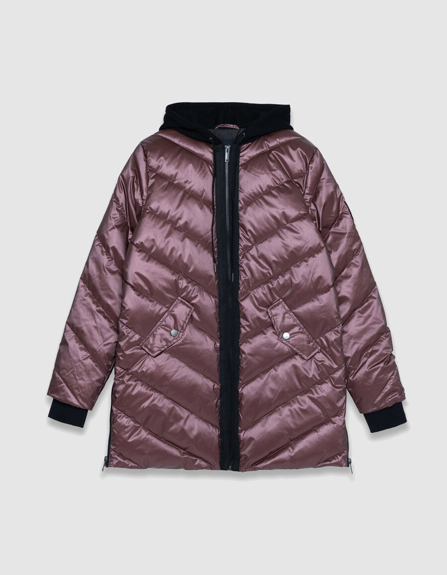 chaqueta acolchada burdeos iridiscente para mujer con capucha de forro polar