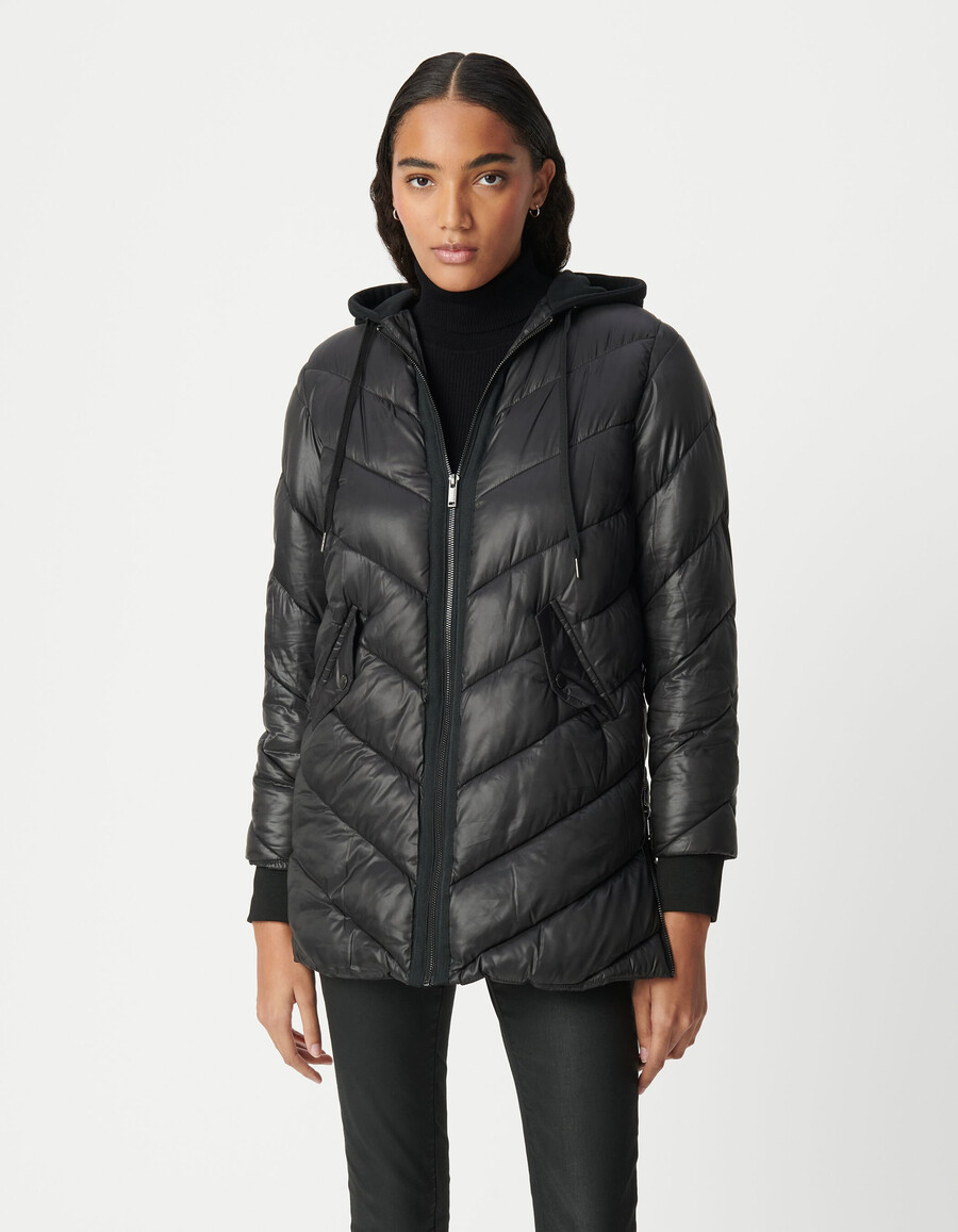 chaqueta acolchada negra de longitud media para mujer con capucha de forro polar