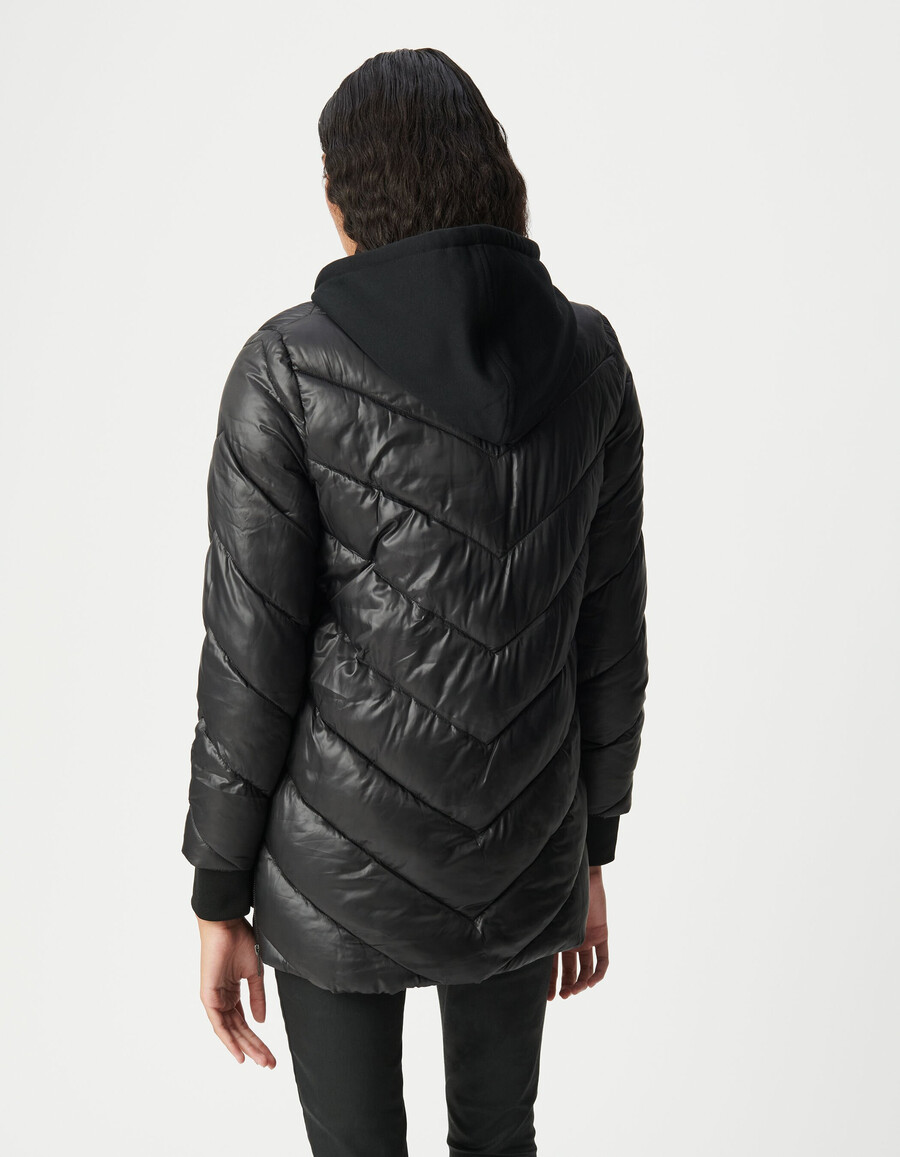 chaqueta acolchada negra de longitud media para mujer con capucha de forro polar