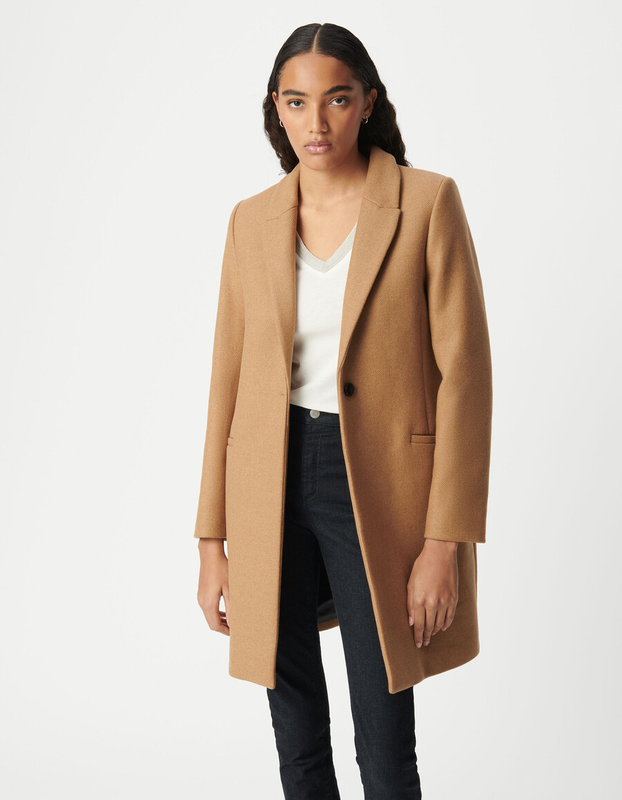 abrigo camel de largo medio para mujer con capucha desmontable