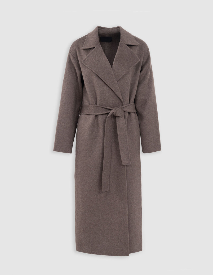 abrigo largo beige con cinturón para mujer