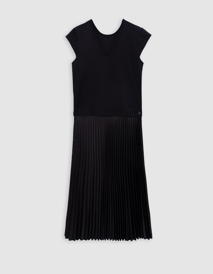 vestido largo plisado de dos materiales negro para mujer