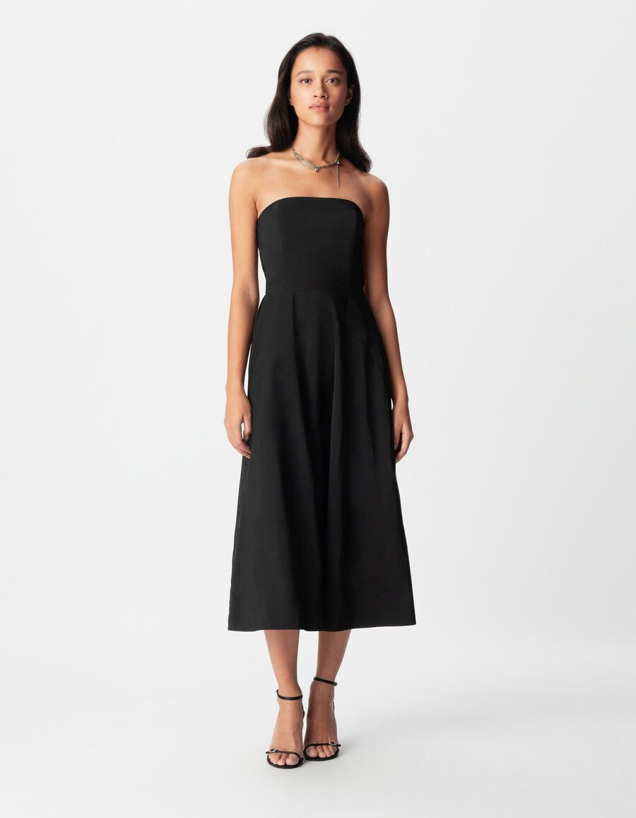 vestido sin tirantes de tafetán negro para mujer