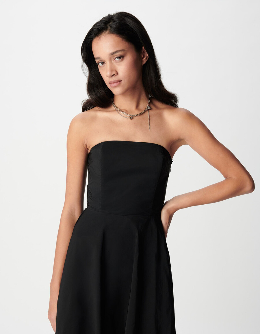 vestido sin tirantes de tafetán negro para mujer