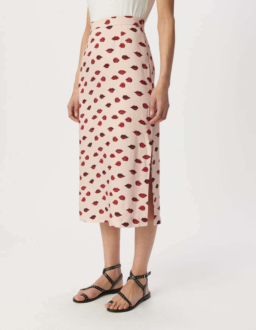 falda midi de satén rosa para mujer con estampado de boca