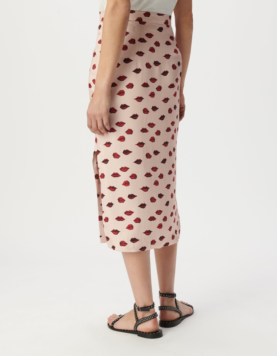 falda midi de satén rosa para mujer con estampado de boca