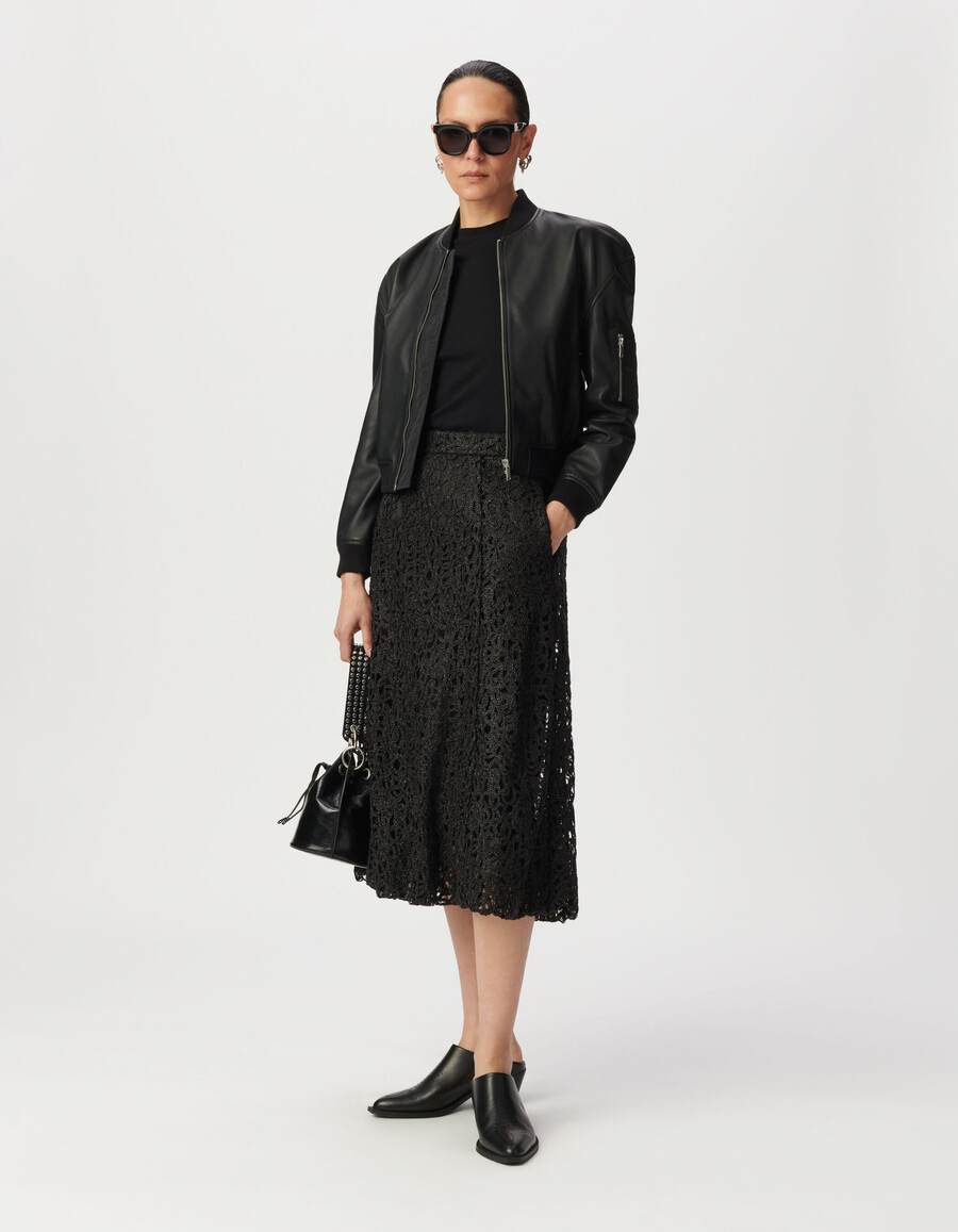 falda midi de encaje metalizado negro para mujer