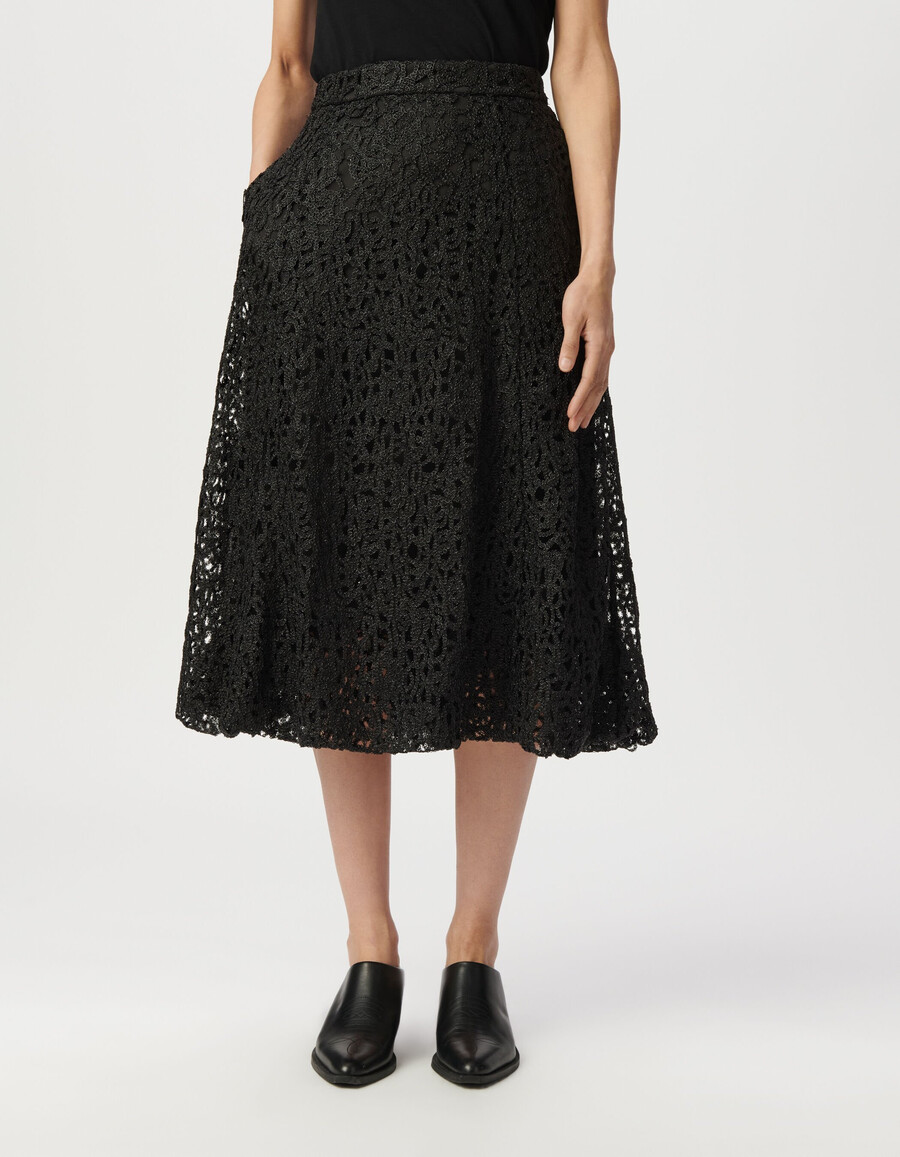 falda midi de encaje metalizado negro para mujer