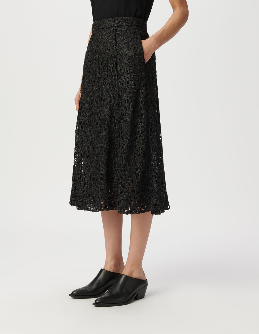 falda midi de encaje metalizado negro para mujer