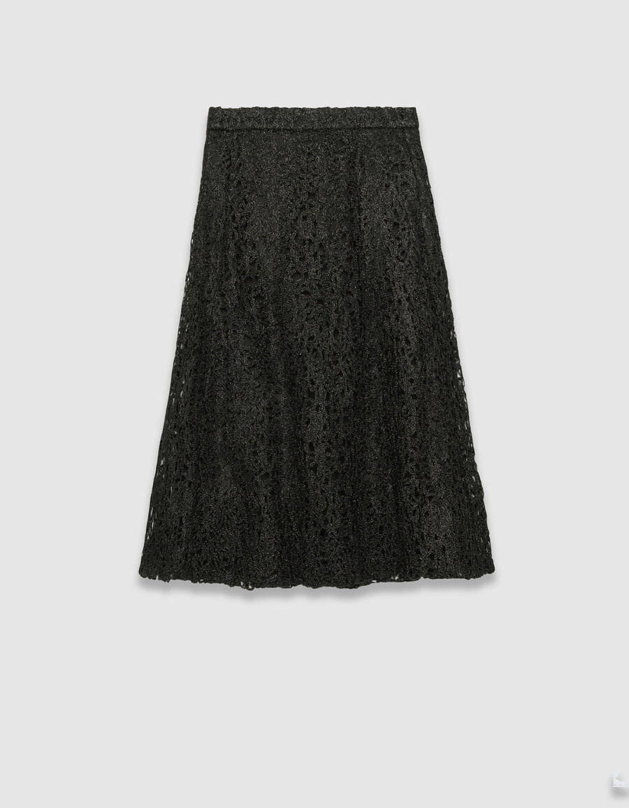 falda midi de encaje metalizado negro para mujer