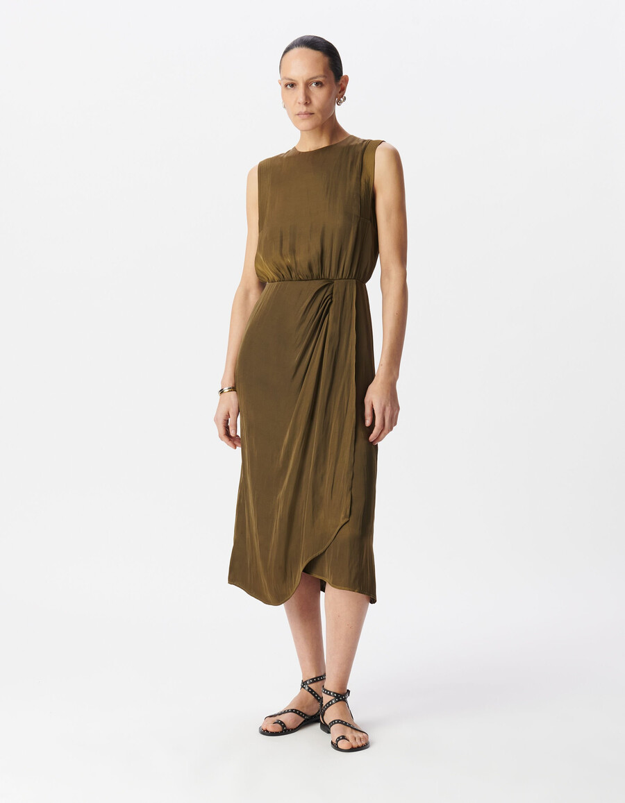 vestido midi fluido de poliéster reciclado color caqui para mujer