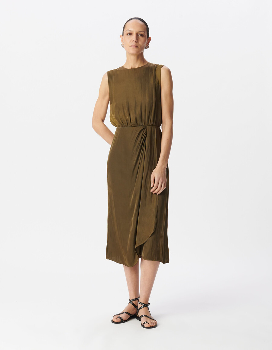 vestido midi fluido de poliéster reciclado color caqui para mujer