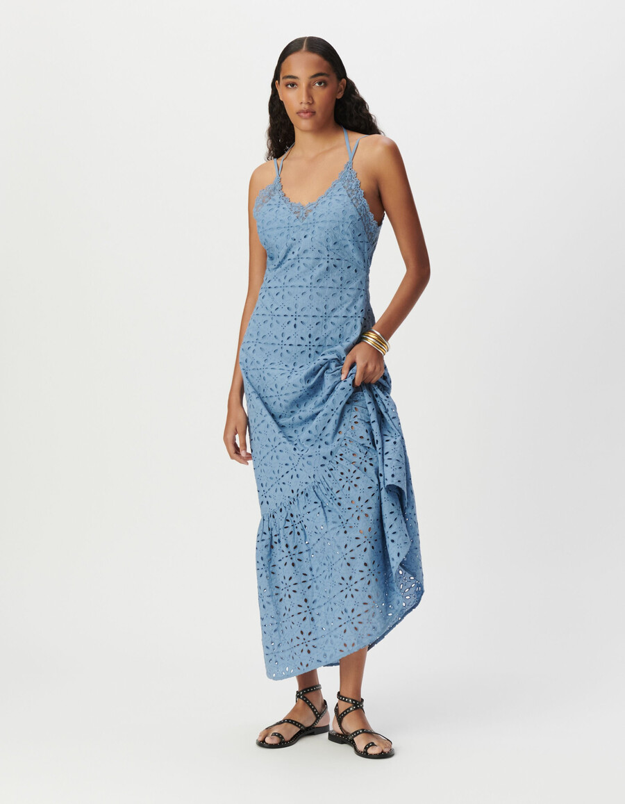vestido largo de tirantes con bordado de ojales azules para mujer