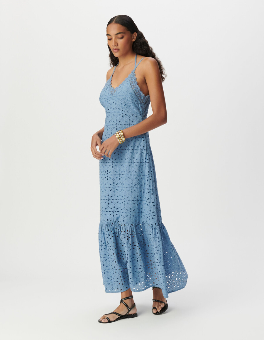 vestido largo de tirantes con bordado de ojales azules para mujer