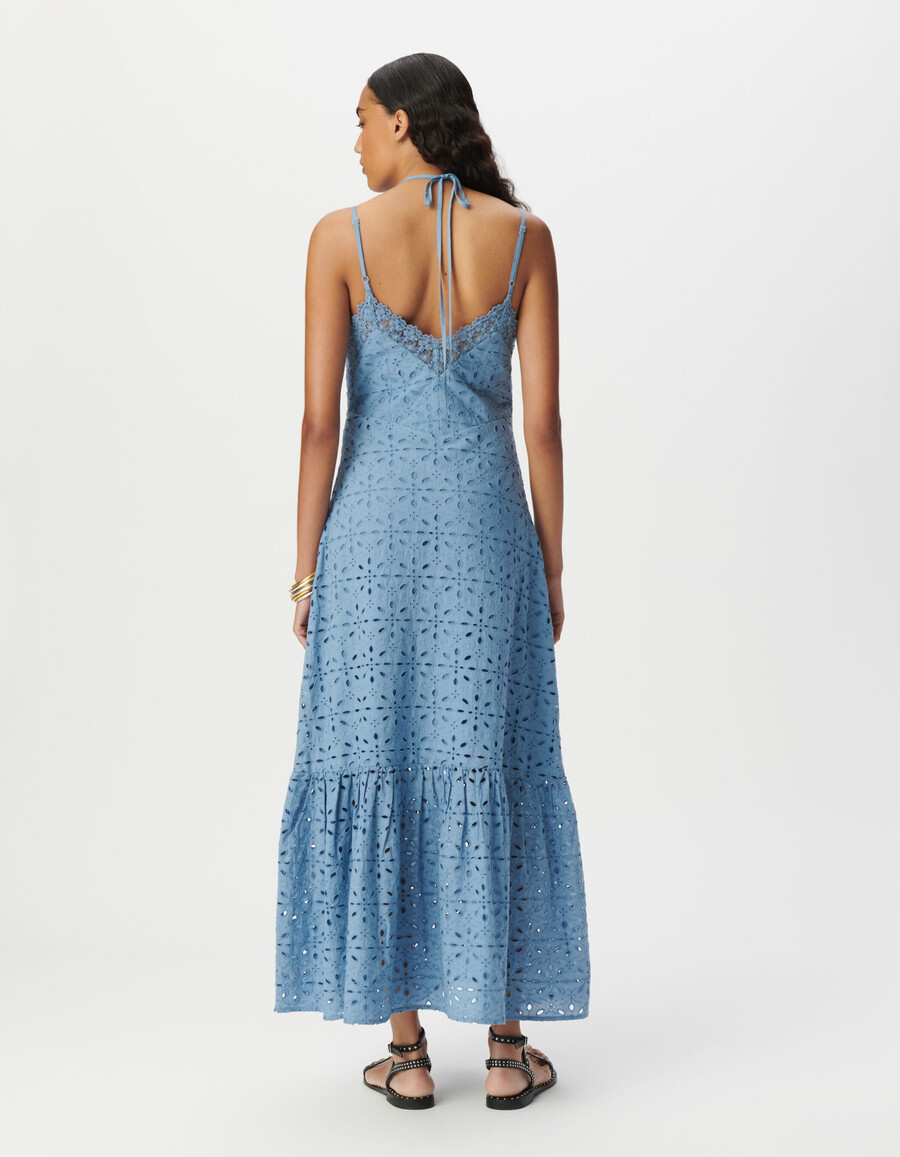 vestido largo de tirantes con bordado de ojales azules para mujer