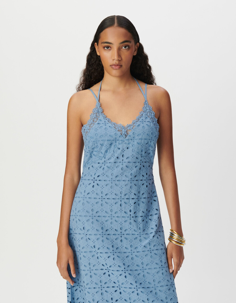 vestido largo de tirantes con bordado de ojales azules para mujer