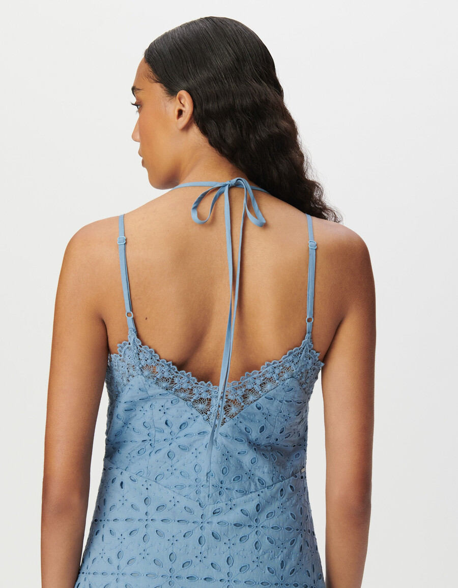 vestido largo de tirantes con bordado de ojales azules para mujer