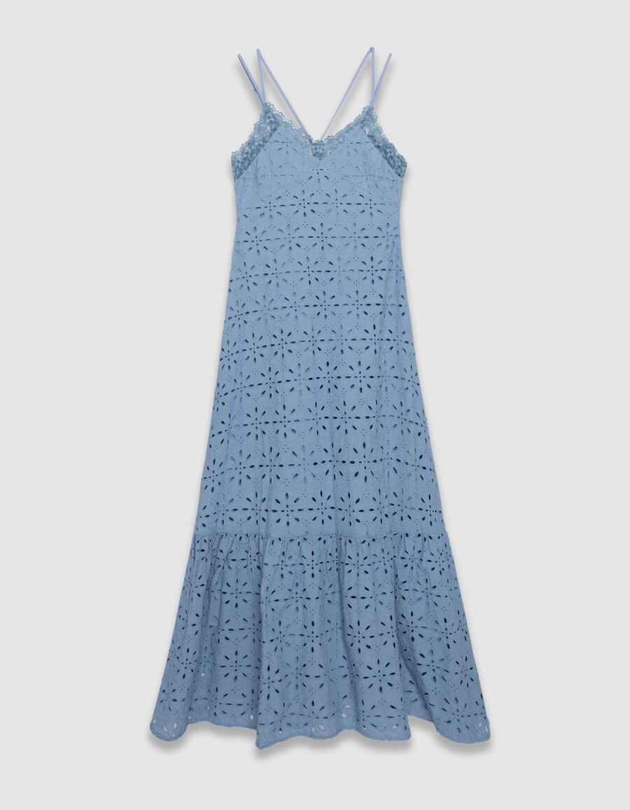 vestido largo de tirantes con bordado de ojales azules para mujer