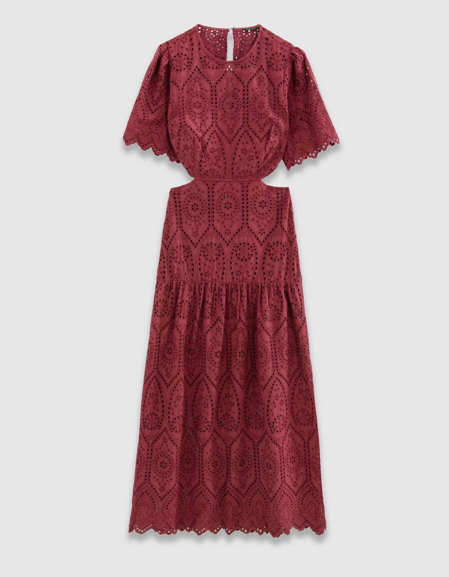 vestido largo con espalda abierta y bordado con ojales en color burdeos para mujer