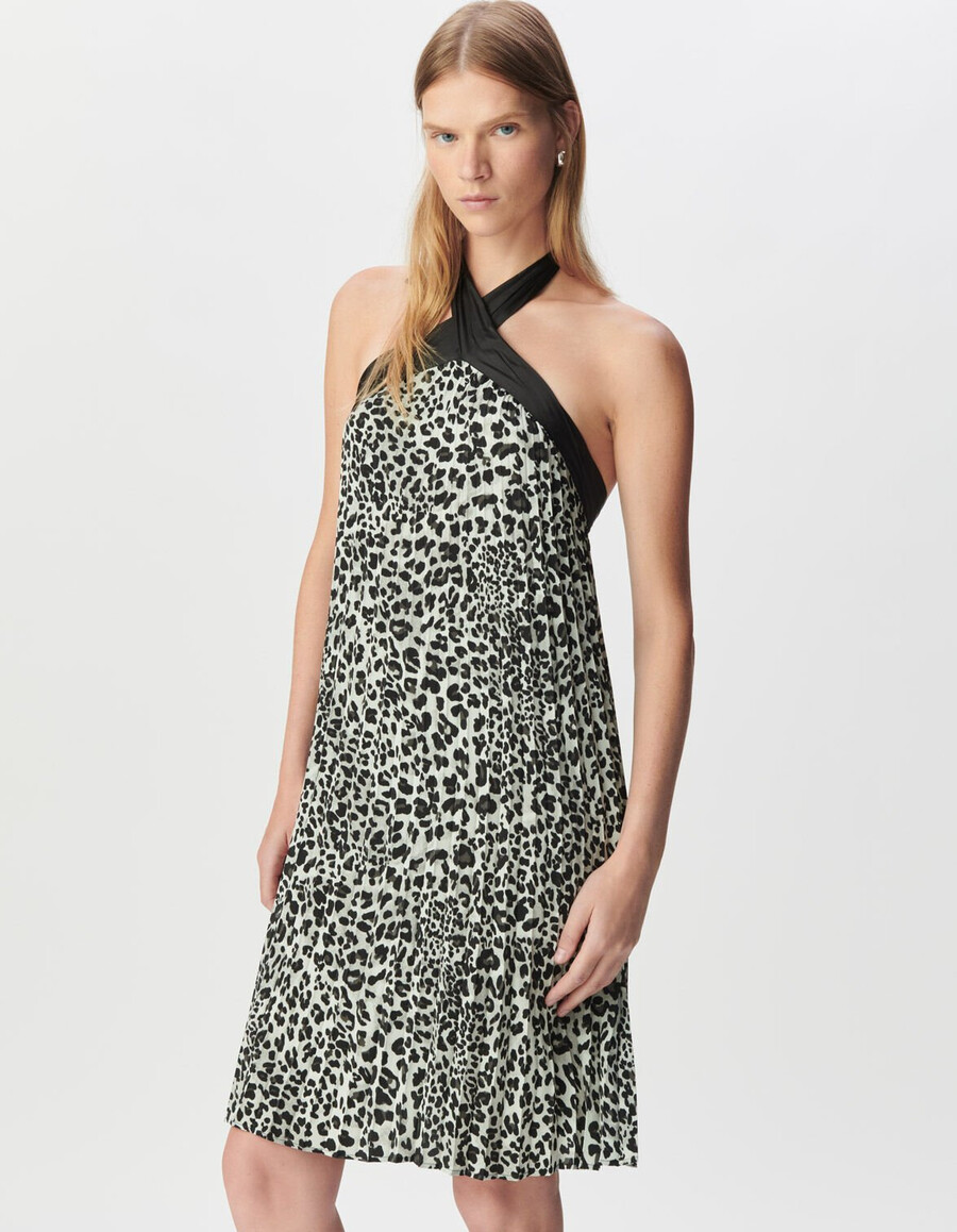 vestido plisado sin espalda de poliéster reciclado gris para mujer