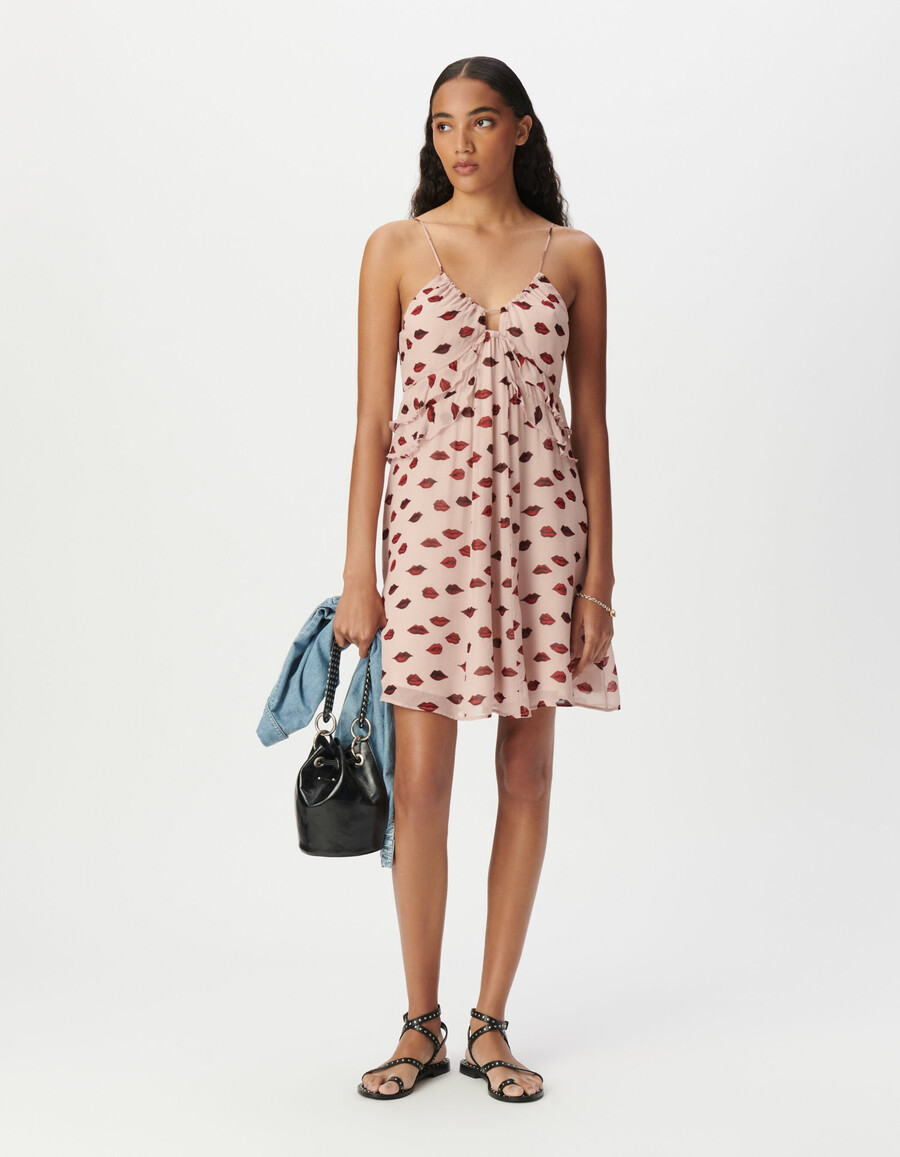 vestido de tirantes de gasa rosa para mujer con estampado de boca