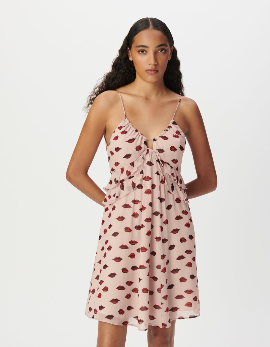 vestido de tirantes de gasa rosa para mujer con estampado de boca