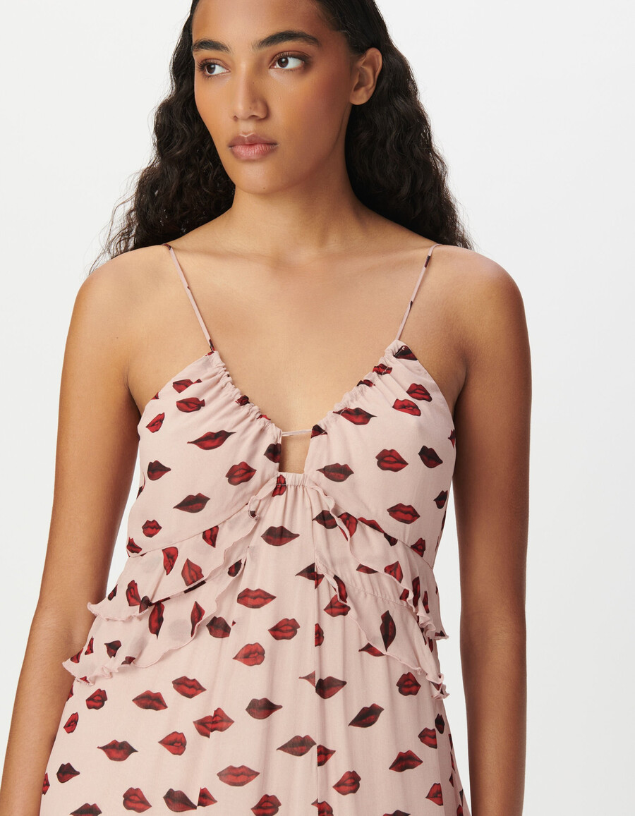 vestido de tirantes de gasa rosa para mujer con estampado de boca