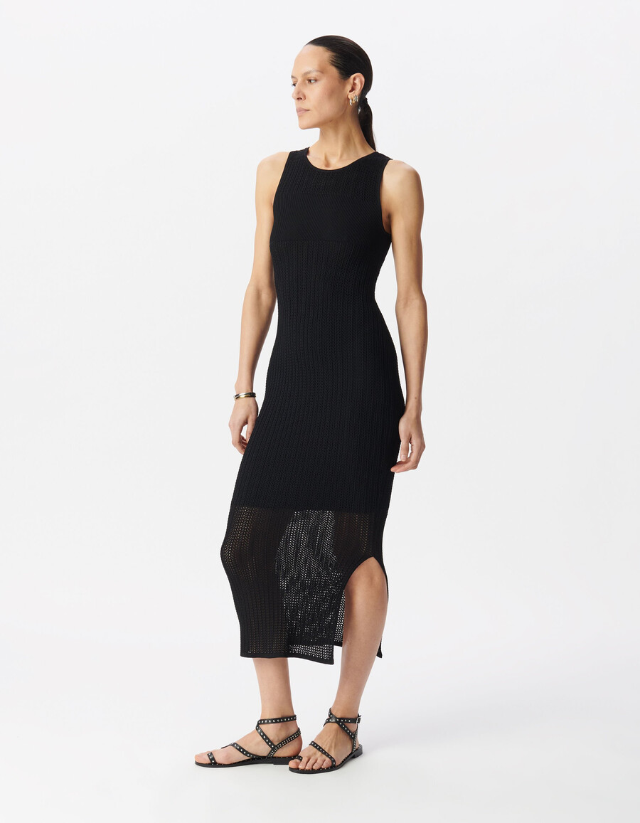 vestido tubo midi de punto calado negro para mujer
