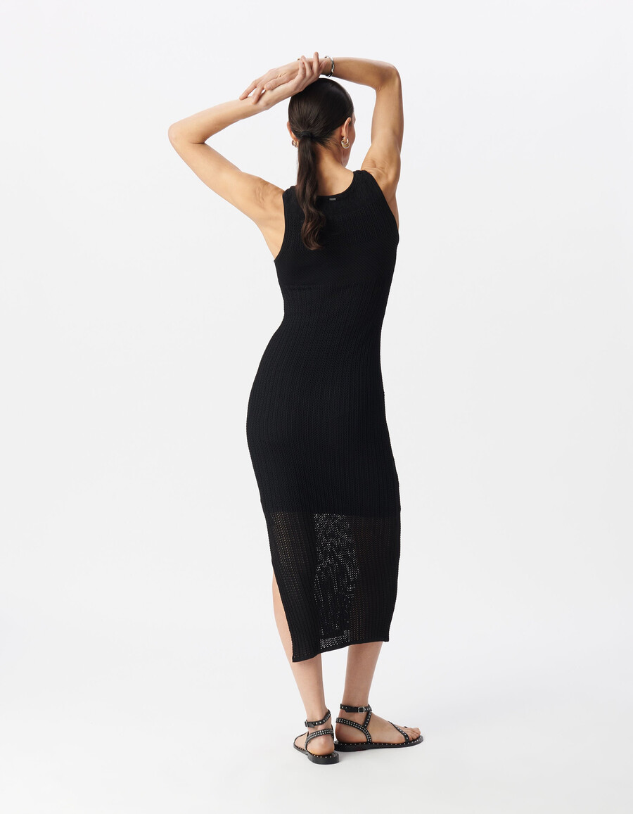 vestido tubo midi de punto calado negro para mujer