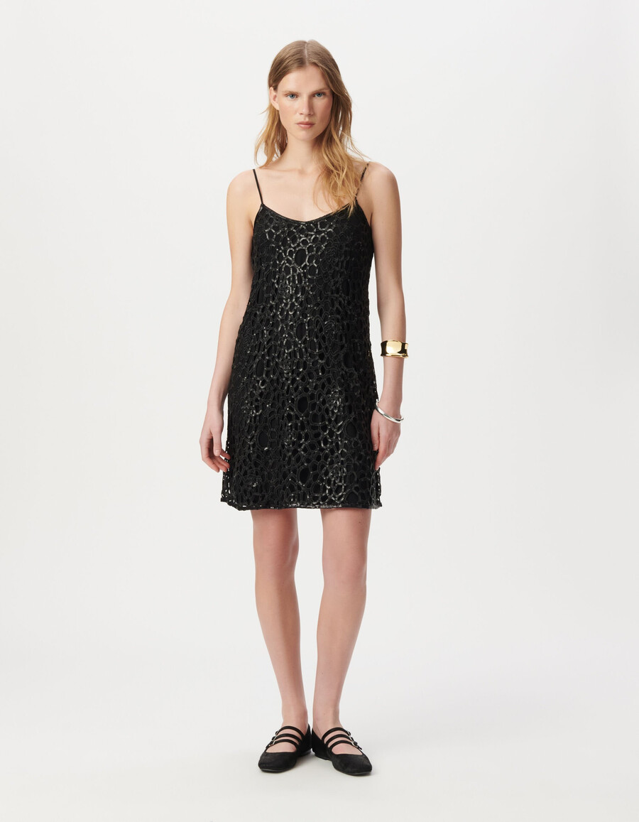 vestido corto de encaje negro con lentejuelas bordadas para mujer